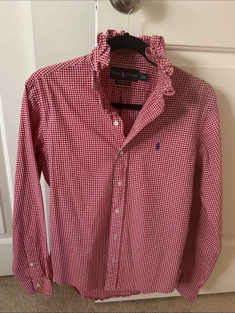 Ralph Lauren Red Gingham Shirt recreated for a woman with a ruffled collar.